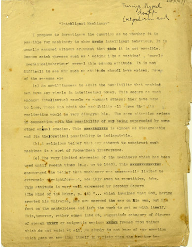 Bozza dell’articolo “Computring Machinery and Intelligence” con correzioni a mano dello stesso Turing, 1950, pag 1 © P.N. Furbank 