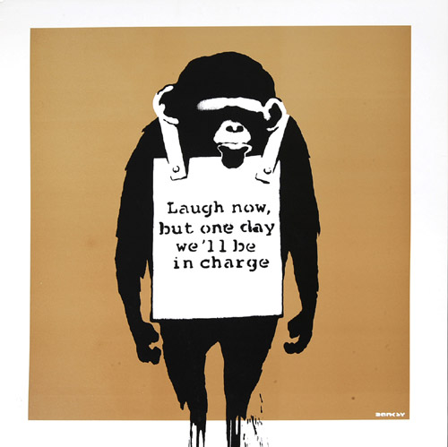 Banksy, DJ Dangermouse – Laugh now.  Serigrafia su custodia di disco in vinile, 31,5x31,5 cm, 2008.  Collezione privata. 