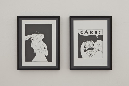 Parra. Weird Naked Dance, 2013; Cake, 2013. Ink on 300gr paper, 30x40 cm. Courtesy Galleria Patricia Armocida, Milano. Foto: Carlo Beccalli