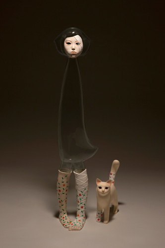 Yu Jinyoung, I’m OK 3, 2009. PVC, mixed media, h: Human 127 cm, Cat 37 cm. Courtesy Galleria Patricia Armocida, Milano