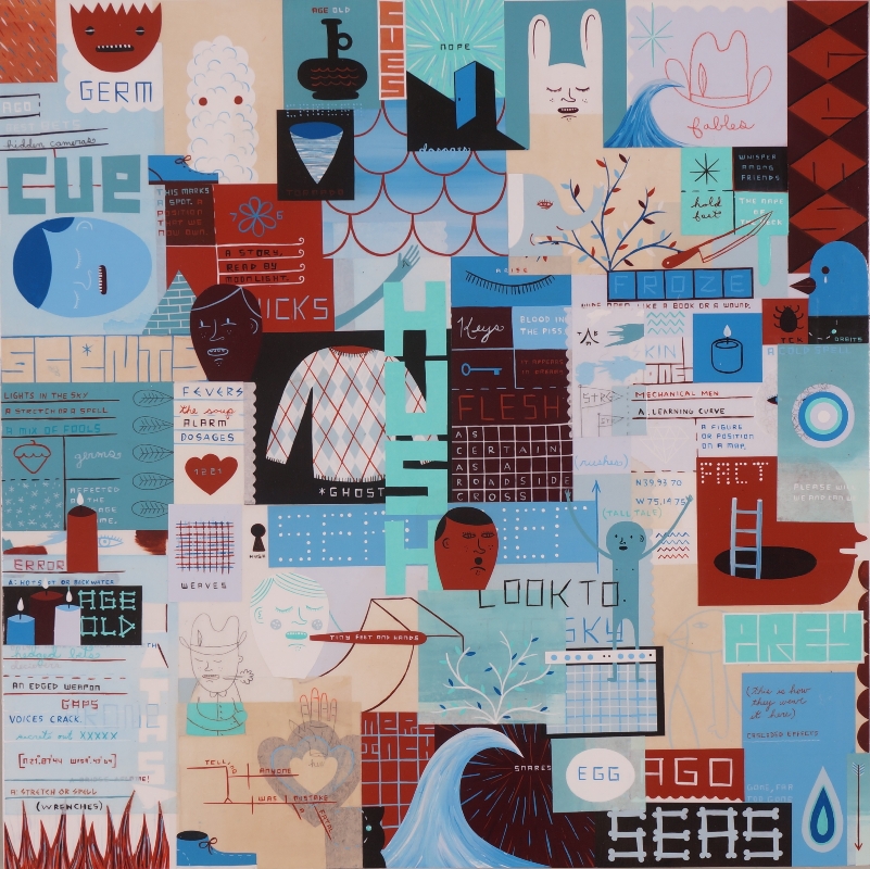 Jim Houser, A Position on a Map, 2013. Acrylic and collage on wood, 46x46 cm