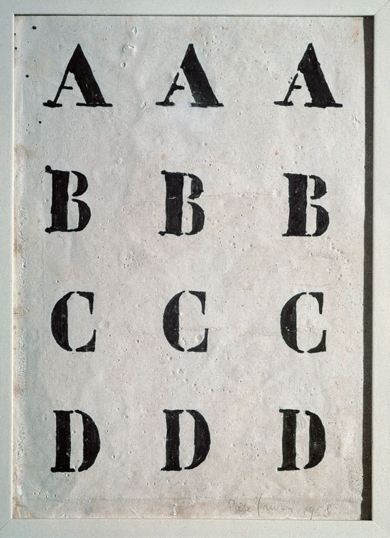Alfabeto, 1958. Inchiostro e caolino su tela, 25x18 cm. Collezione privata