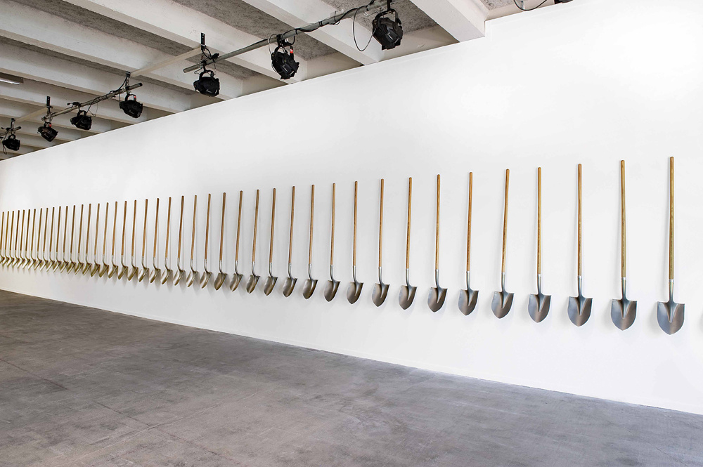 Pedro Reyes, Palas Por Pistolas, 2007 – present. 1,527 collected guns melted into steel to fabricate 1,527 shovels, to plant 1527 trees. Installation view. Courtesy of Biennale de Lyon, 2009. Photo: © Stéphane Rambaud