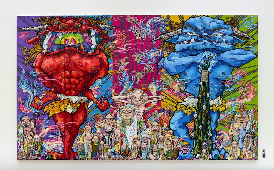 Takashi Murakami, Red Demon and Blue Demon with 48 Arhats, 2013 Acrylic, gold and platinum leaf on canvas mounted on board 3000 x 5000 mm Courtesy Blum & Poe, Los Angeles (c)2013 Takashi Murakami/Kaikai Kiki Co., Ltd. All Rights Reserved.
