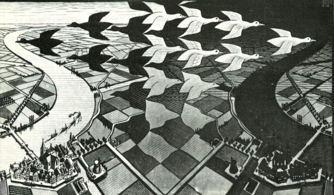 Maurits Cornelis Escher, Day and Night, woodcut in black and gray, printed from two blocks, 1938.