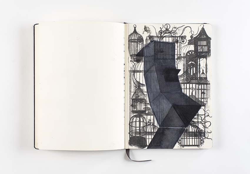 Alfredo Pirri, La gabbia d’oro, 2014. Project for the Chiesa del Giglio oratory, Palermo, drawing: ink and mixed media on Moleskine paper. Photo: Giorgio Benni