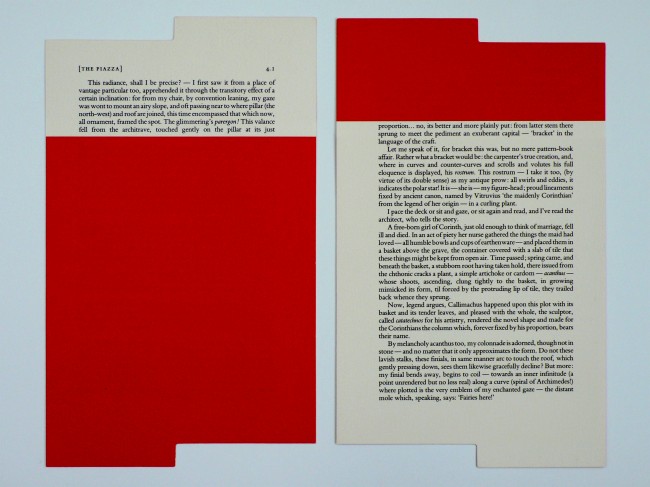 Rodney Graham, [The Piazza 4.1], 1989, Bookmark with text of, La Véranda, in English, interpolating, The  Piazza. The work consists of three bookmarks and a copy of Herman  Melville, The Piazza Tales and Other Prose Pieces, Edition of 25, 26.1 x 15.7 cm each, Recto and verso ©Saskia Gevaert, Brussels 