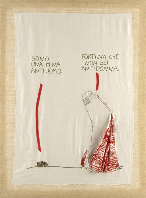 Pat Carra, senza titolo, lino, cotone, iuta, madreperla, ricamo kantanwork. 100x135 cm, 2009