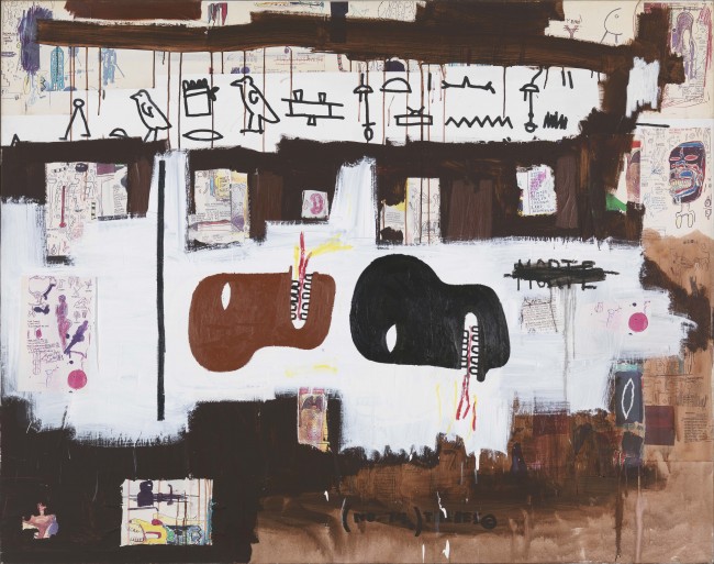 Dark Milk, 1986. Acrylic, Xerox collage, and paper collage on canvas, 172.5 x 219.5 cm. Private collection. Photo courtesy Gagosian Gallery © Estate of Jean-Michel Basquiat. Licensed by Artestar, New York