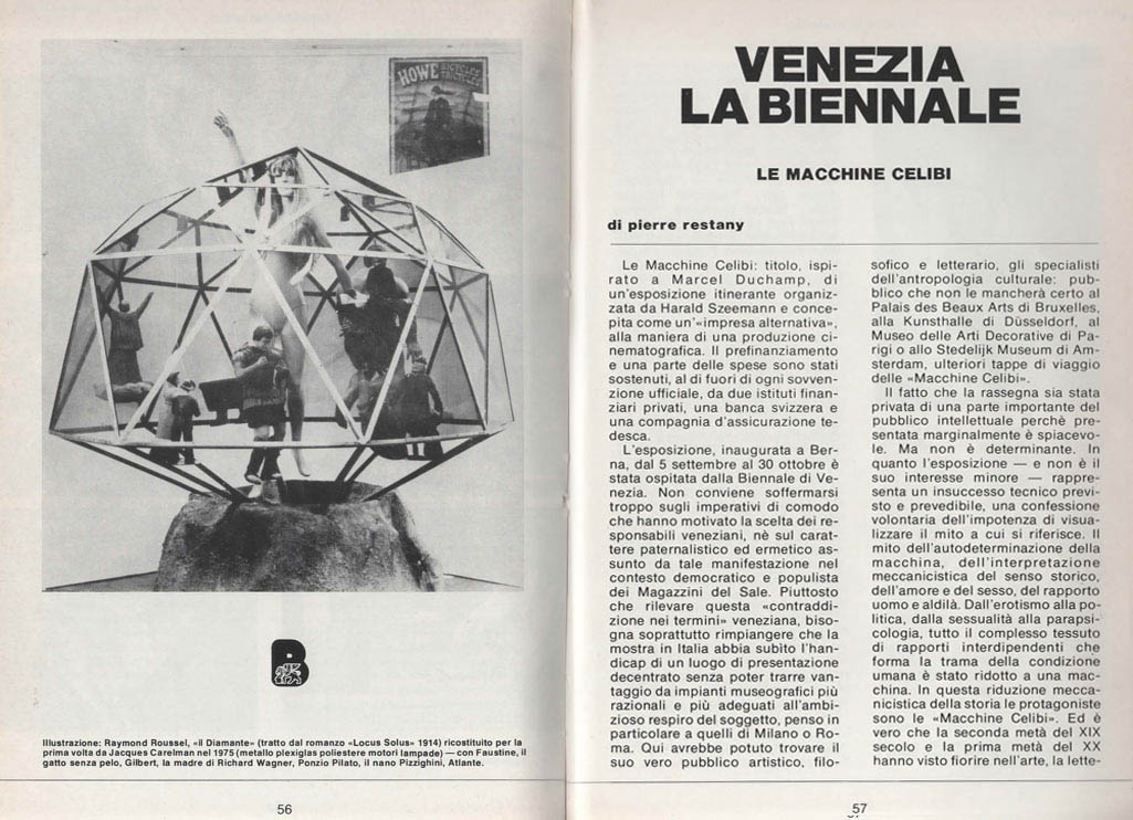 Venezia La Biennale, Le Macchine Celibi, articolo di Pierre Restany D'ARS n. 76-77, novembre-dicembre 1975, pagg. 56-61