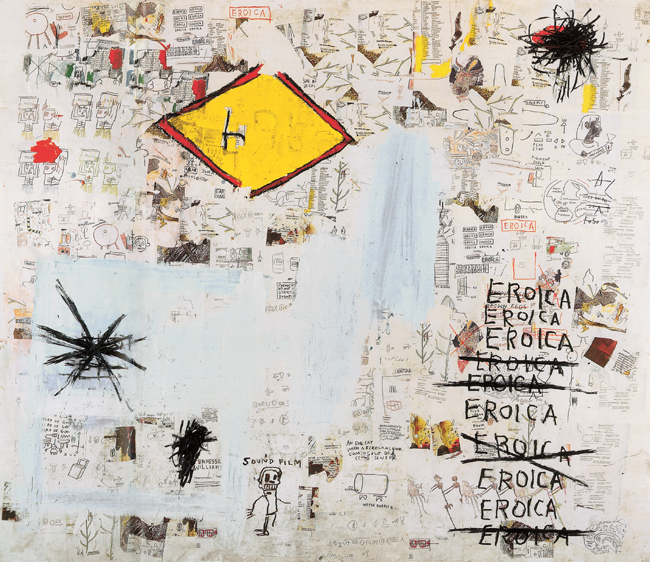 Eroica, 1987 Acrylic, oil stick, and Xerox collage on paper mounted on canvas 228.5 x 271.5 cm Private collection © Estate of Jean-Michel Basquiat. Licensed by Artestar, New York